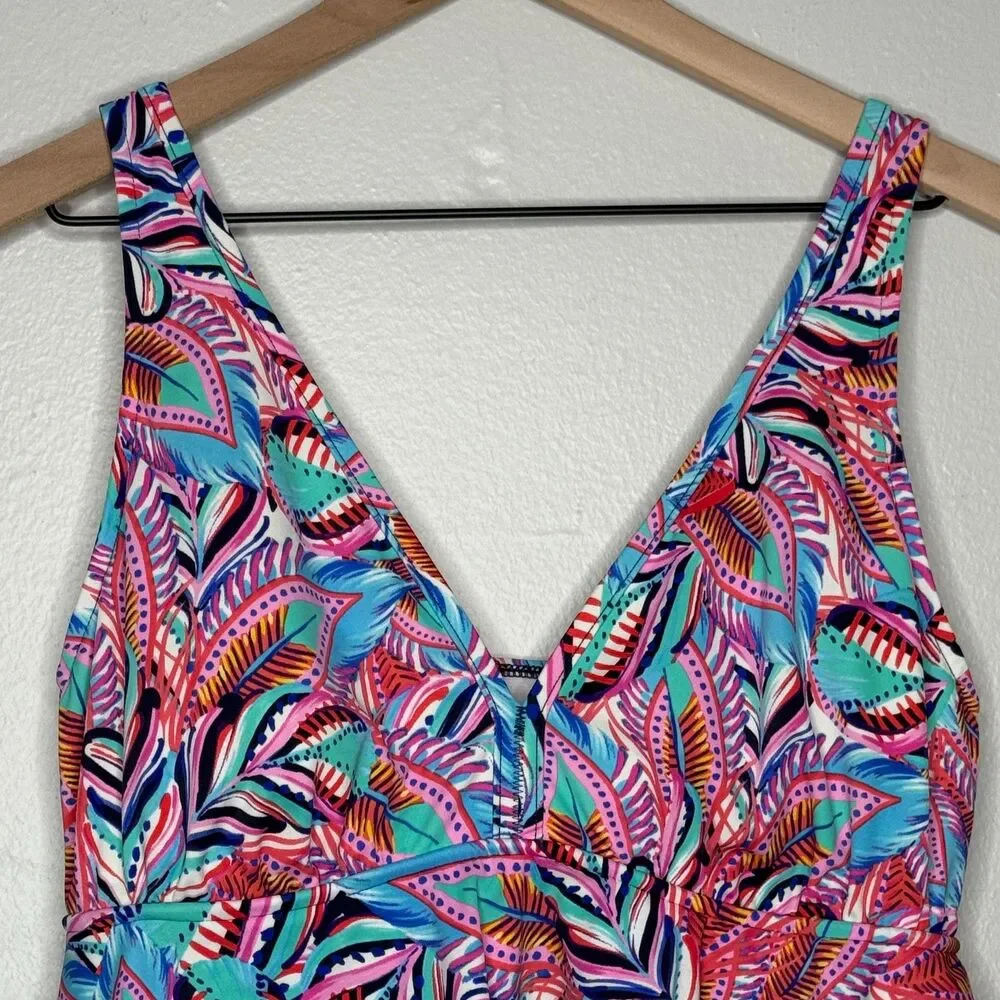 Swim Solutions Womens One Piece Bathing Suit 12 Pink Blue Tropical Tiered Resort - Picture 5 of 12